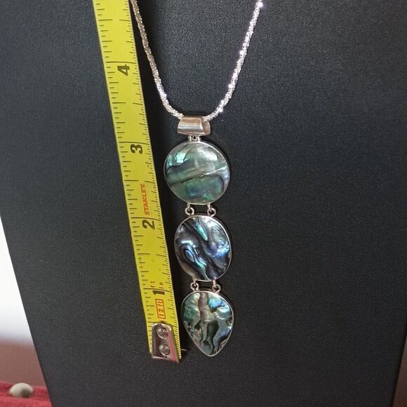 Abalone Shell Pendant Drop Necklace Triple Teardrop Circle Design Chain Sterling - Picture 6 of 8